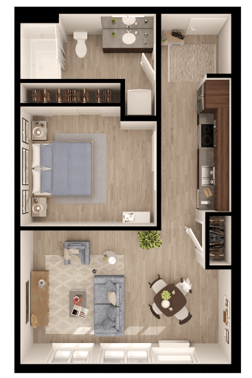 Floor plan for 1 bed, 1 bath, 669 sqft